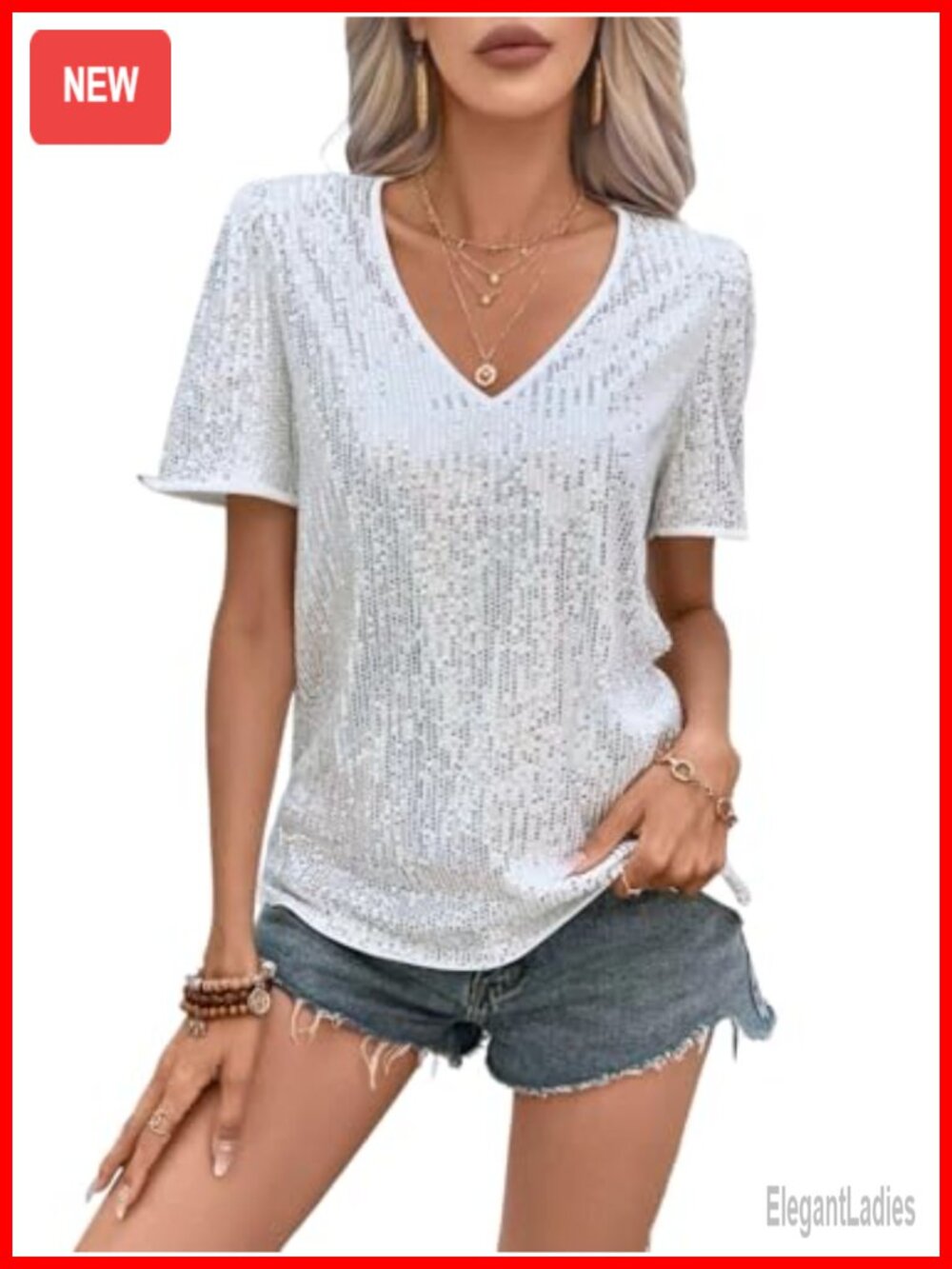 Sequin Short Sleeve V Neck Sparkly Tunic Top